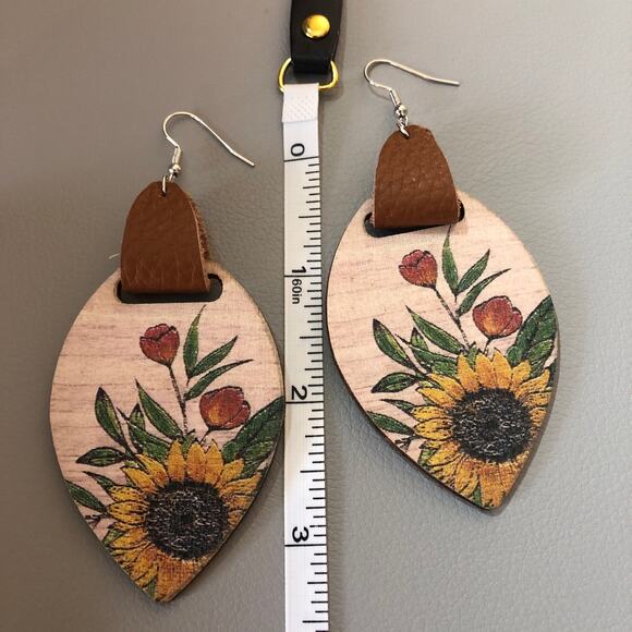 Rustic Wood & Leather Earrings – Sunflower Statement Drop Earrings - Picture 4 of 5